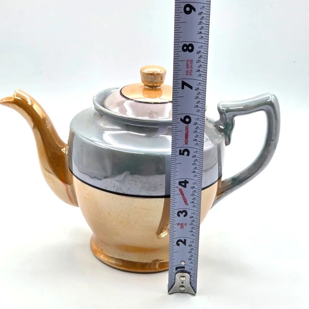 Japanese Lusterware Porcelain‎ Teapot Metallic Copper & Silver Gray Hand Painted